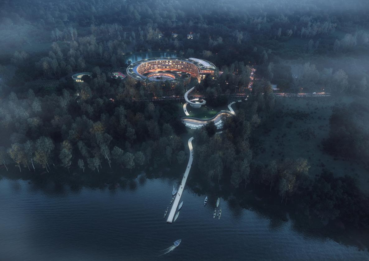 Visualisierung mit Blick von dem Kellersee über das Resort, die Park- und Uferanlagen und den Perverlingsee bei Nacht